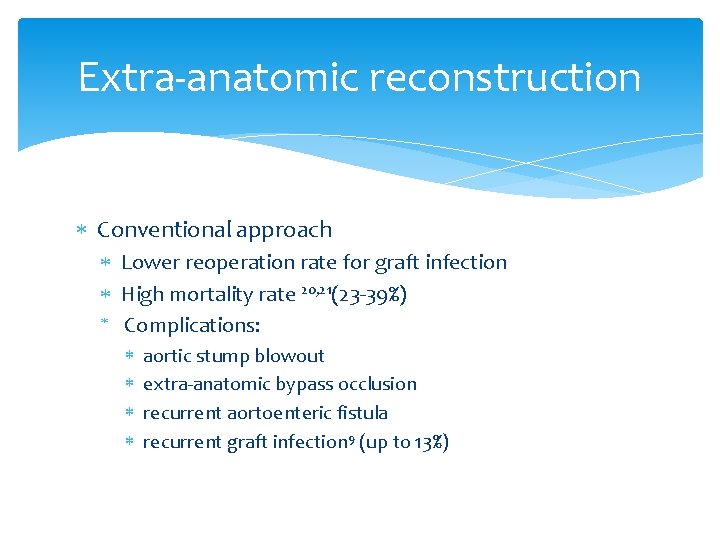 Extra-anatomic reconstruction Conventional approach Lower reoperation rate for graft infection High mortality rate 20,