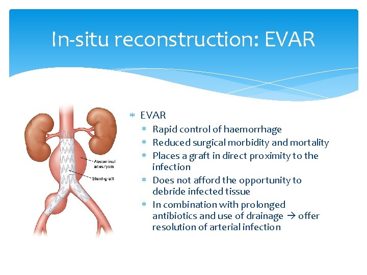 In-situ reconstruction: EVAR Rapid control of haemorrhage Reduced surgical morbidity and mortality Places a