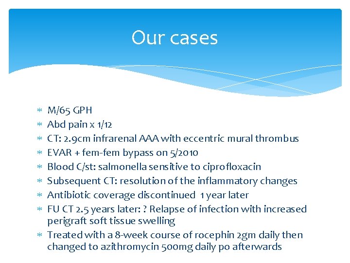 Our cases M/65 GPH Abd pain x 1/12 CT: 2. 9 cm infrarenal AAA