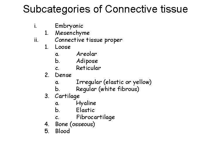 Subcategories of Connective tissue i. ii. 1. 1. 2. 3. 4. 5. Embryonic Mesenchyme