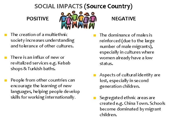 SOCIAL IMPACTS (Source Country) POSITIVE ■ The creation of a multiethnic society increases understanding