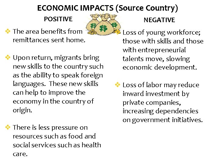 ECONOMIC IMPACTS (Source Country) POSITIVE v The area benefits from remittances sent home. v