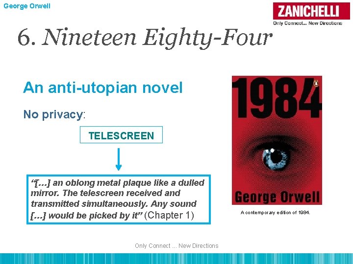 George Orwell 6. Nineteen Eighty-Four An anti-utopian novel No privacy: TELESCREEN “[…] an oblong