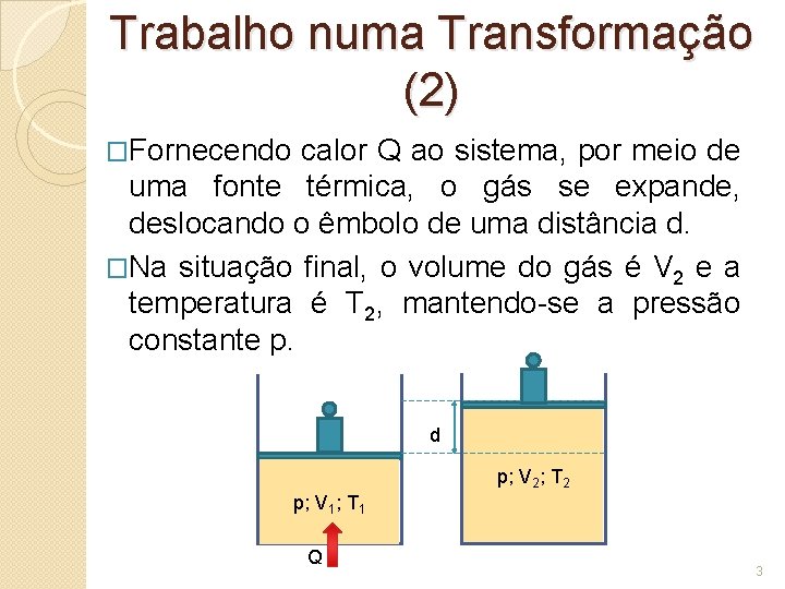 Trabalho numa Transformação (2) �Fornecendo calor Q ao sistema, por meio de uma fonte