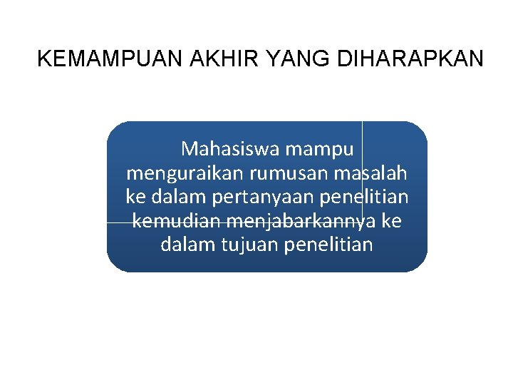 KEMAMPUAN AKHIR YANG DIHARAPKAN Mahasiswa mampu menguraikan rumusan masalah ke dalam pertanyaan penelitian kemudian