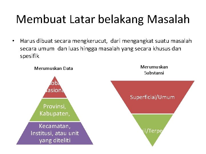 Membuat Latar belakang Masalah • Harus dibuat secara mengkerucut, dari mengangkat suatu masalah secara