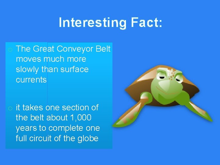 Interesting Fact: o The Great Conveyor Belt moves much more slowly than surface currents Interesting Fact: o The Great Conveyor Belt moves much more slowly than surface currents