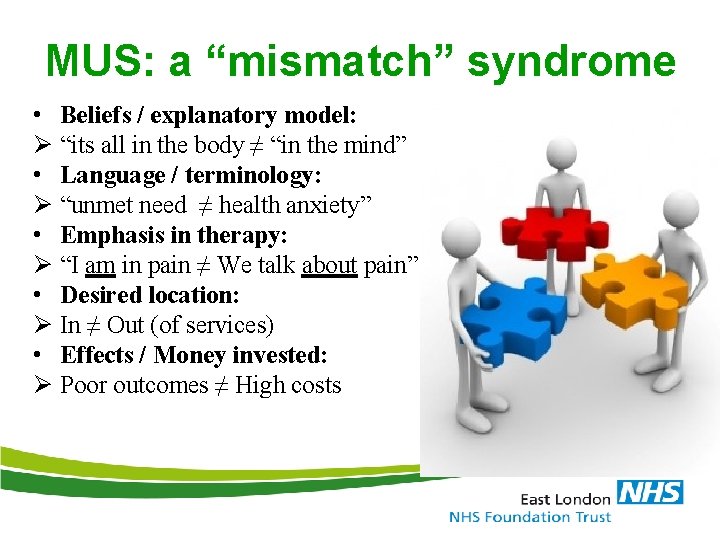 MUS: a “mismatch” syndrome • Beliefs / explanatory model: Ø “its all in the