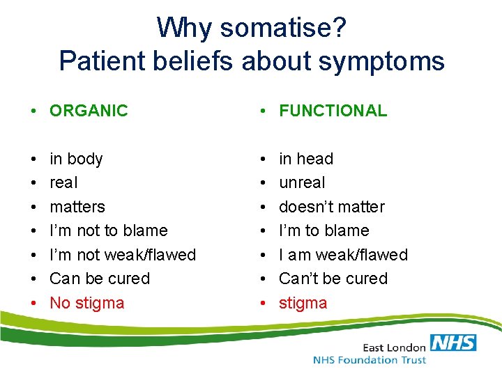 Why somatise? Patient beliefs about symptoms • ORGANIC • FUNCTIONAL • • • •