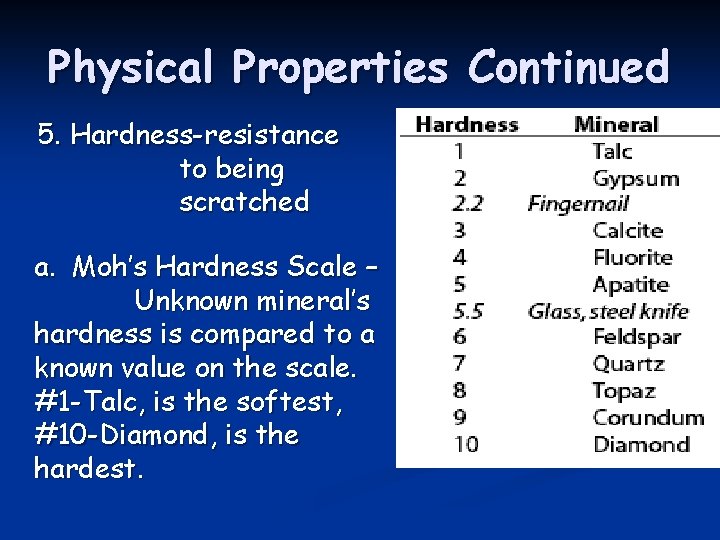 Physical Properties Continued 5. Hardness-resistance to being scratched a. Moh’s Hardness Scale – Unknown