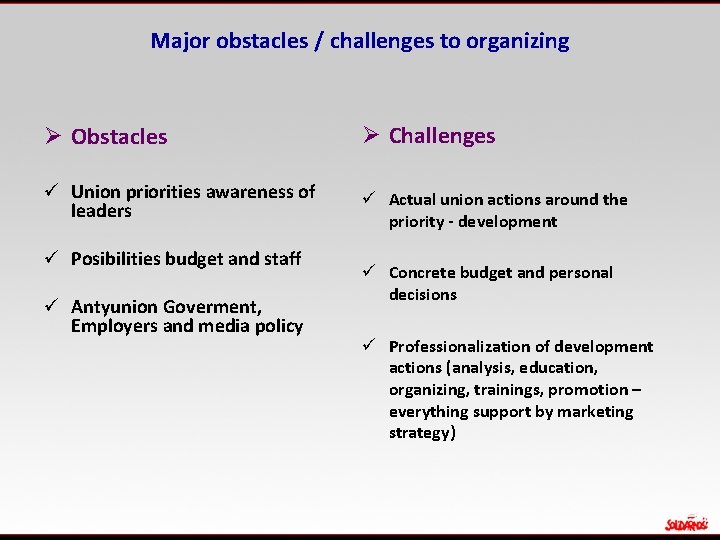 Major obstacles / challenges to organizing Ø Obstacles Ø Challenges ü Union priorities awareness