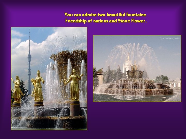 You can admire two beautiful fountains: Friendship of nations and Stone Flower. 