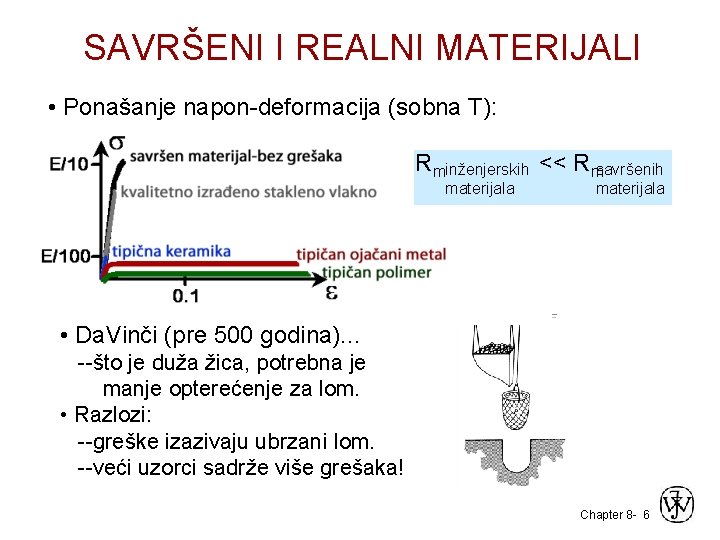 SAVRŠENI I REALNI MATERIJALI • Ponašanje napon-deformacija (sobna T): Rminženjerskih << Rmsavršenih materijala •