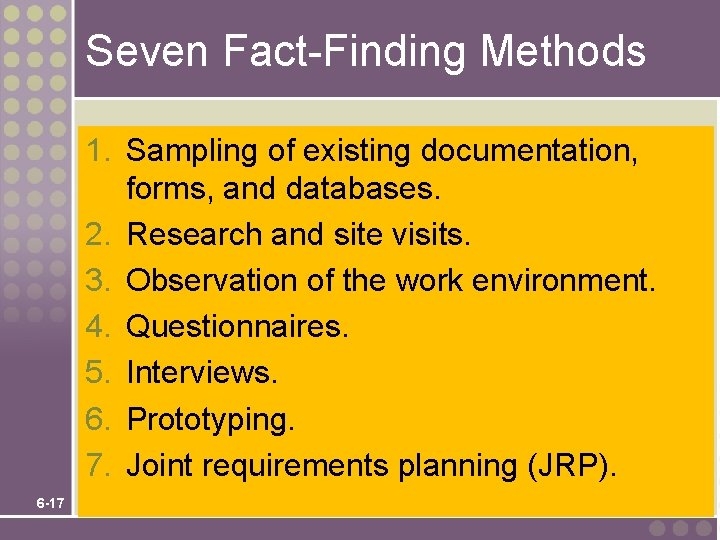 Seven Fact-Finding Methods 1. Sampling of existing documentation, forms, and databases. 2. Research and