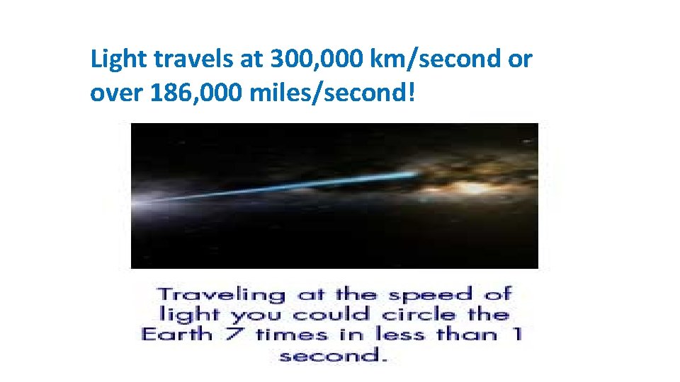 Light travels at 300, 000 km/second or over 186, 000 miles/second! 