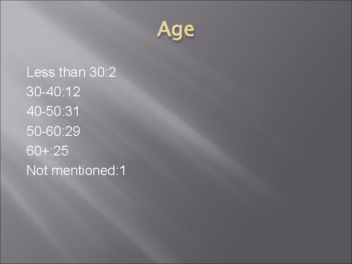 Age Less than 30: 2 30 -40: 12 40 -50: 31 50 -60: 29