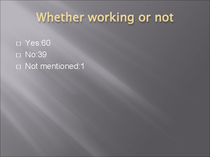 Whether working or not � � � Yes: 60 No: 39 Not mentioned: 1