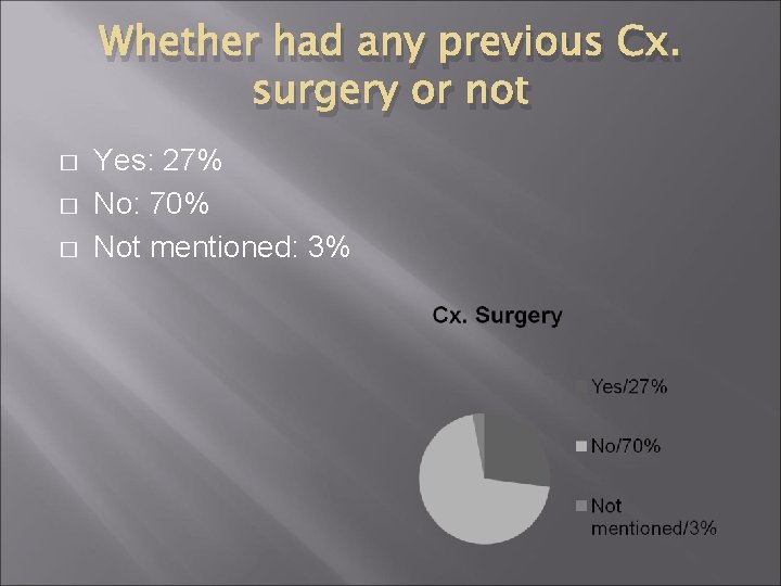 Whether had any previous Cx. surgery or not � � � Yes: 27% No: