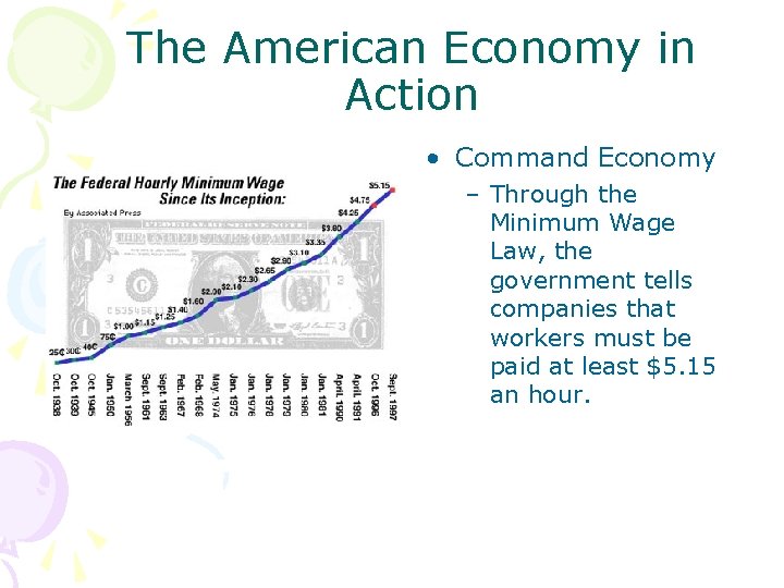 The American Economy in Action • Command Economy – Through the Minimum Wage Law,