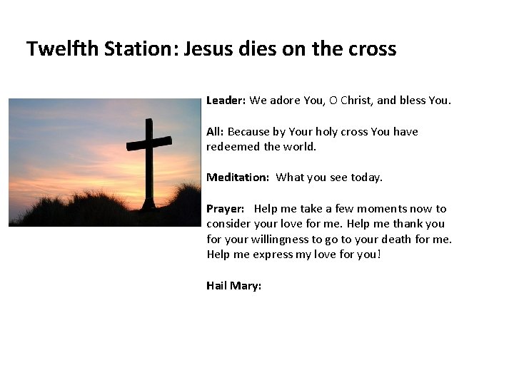 Twelfth Station: Jesus dies on the cross Leader: We adore You, O Christ, and