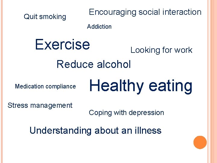Quit smoking Encouraging social interaction Addiction Exercise Looking for work Reduce alcohol Medication compliance