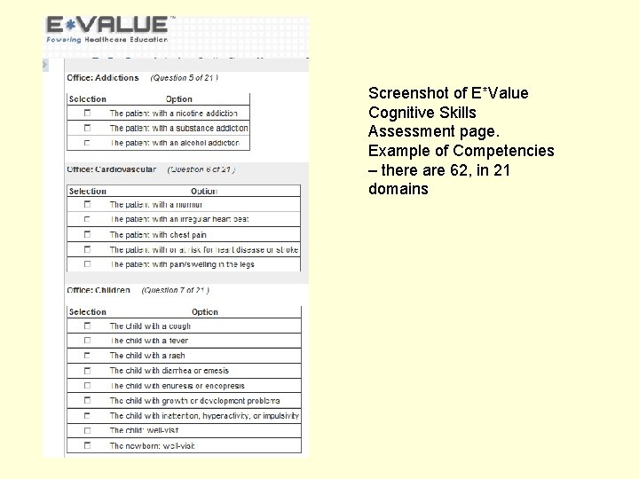 Screenshot of E*Value Cognitive Skills Assessment page. Example of Competencies – there are 62,