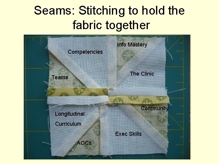 Seams: Stitching to hold the fabric together Info Mastery Competencies The Clinic Teams Longitudinal