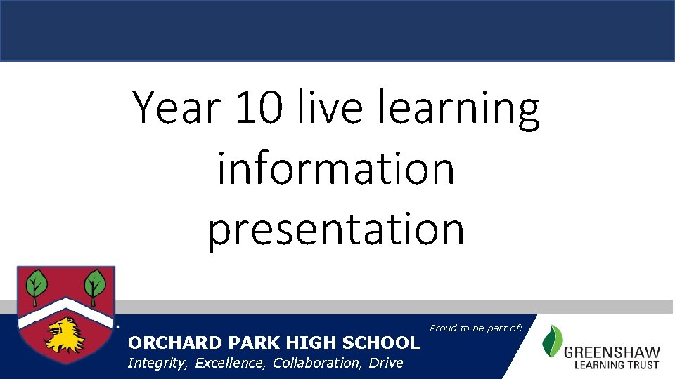 Year 10 live learning information presentation ORCHARD PARK HIGH SCHOOL Integrity, Excellence, Collaboration, Drive