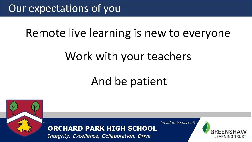 Our expectations of you Remote live learning is new to everyone Work with your