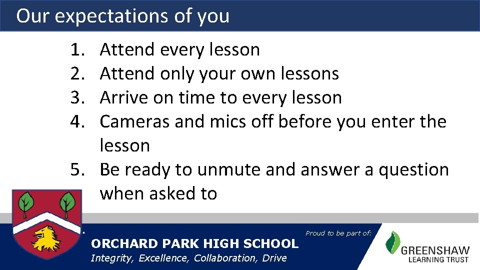 Our expectations of you 1. 2. 3. 4. Attend every lesson Attend only your