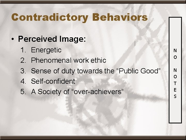 Contradictory Behaviors • Perceived Image: 1. 2. 3. 4. 5. Energetic Phenomenal work ethic