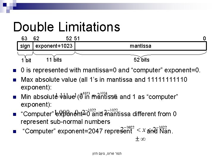 Double Limitations 63 62 52 51 sign exponent+1023 1 bit n n n 0