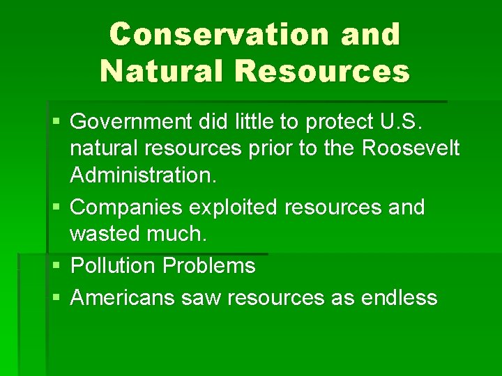 Conservation and Natural Resources § Government did little to protect U. S. natural resources