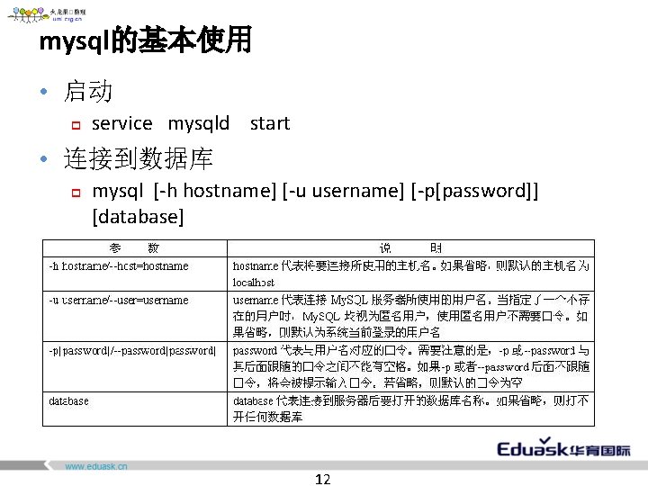 mysql的基本使用 • 启动 p service mysqld start • 连接到数据库 p mysql [-h hostname] [-u