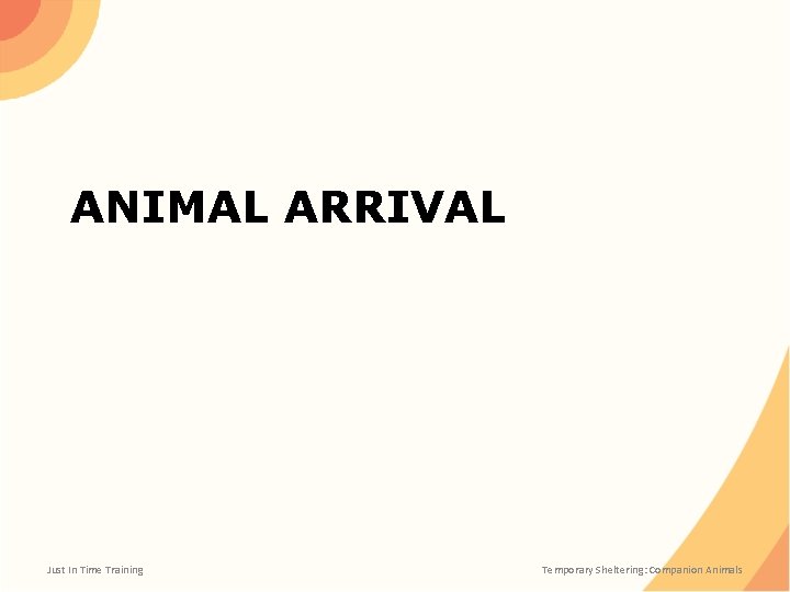 ANIMAL ARRIVAL Just In Time Training Temporary Sheltering: Companion Animals 