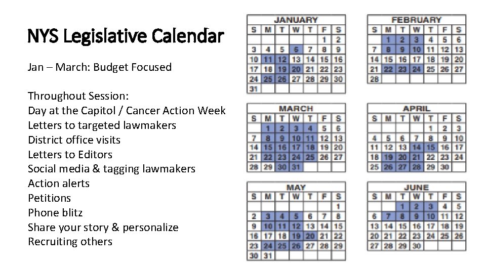 NYS Legislative Calendar Jan – March: Budget Focused Throughout Session: Day at the Capitol