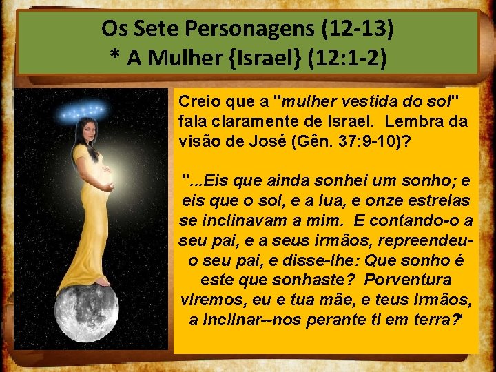 Os Sete Personagens (12 13) * A Mulher {Israel} (12: 1 2) Creio que