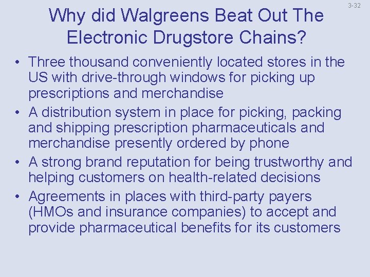 Why did Walgreens Beat Out The Electronic Drugstore Chains? 3 -32 • Three thousand