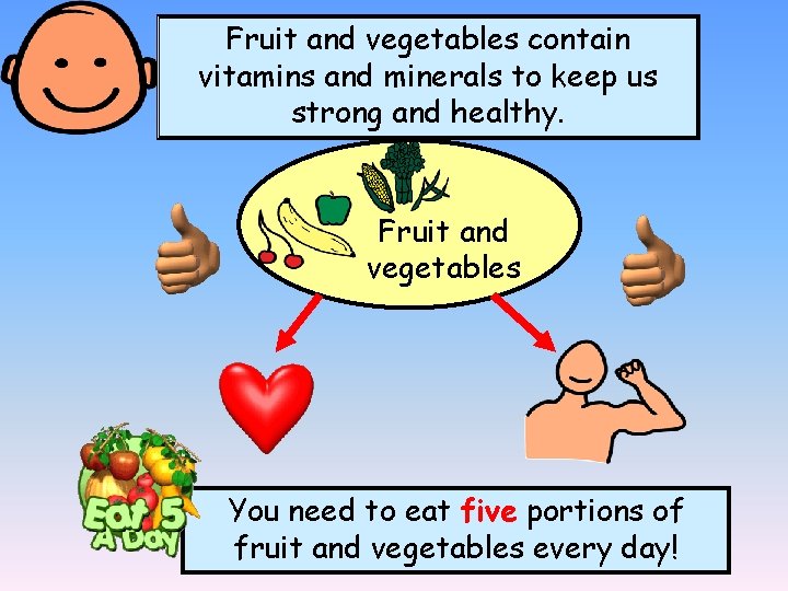 Fruit and vegetables contain vitamins and minerals to keep us strong and healthy. Fruit