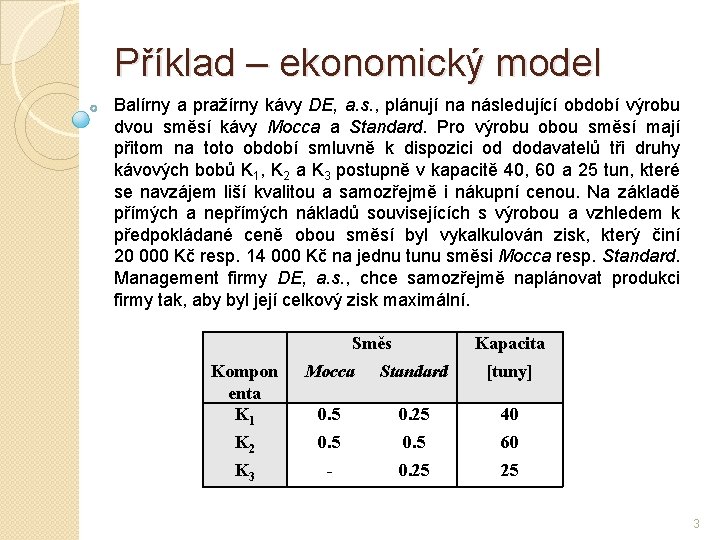 Příklad – ekonomický model Balírny a pražírny kávy DE, a. s. , plánují na