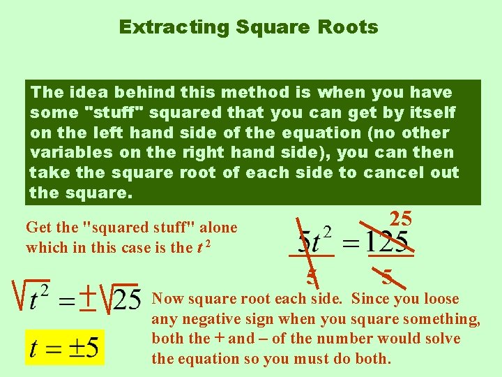 Extracting Square Roots The idea behind this method is when you have some "stuff"