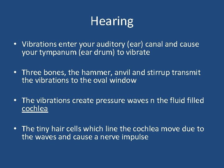 Hearing • Vibrations enter your auditory (ear) canal and cause your tympanum (ear drum)