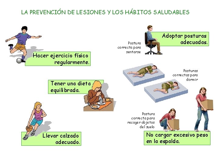 LA PREVENCIÓN DE LESIONES Y LOS HÁBITOS SALUDABLES Hacer ejercicio físico regularmente. Adoptar posturas