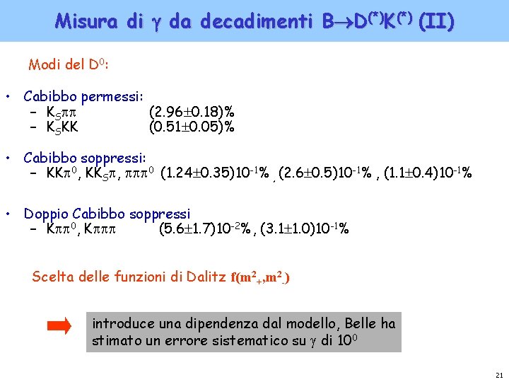 Misura di da decadimenti B D(*)K(*) (II) Modi del D 0: • Cabibbo permessi: