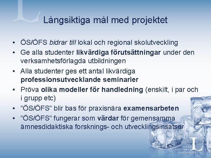Långsiktiga mål med projektet • ÖS/ÖFS bidrar till lokal och regional skolutveckling • Ge