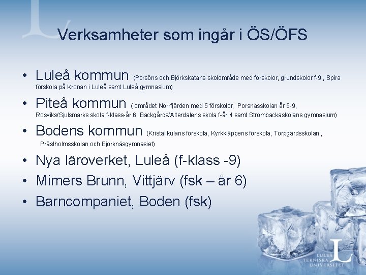 Verksamheter som ingår i ÖS/ÖFS • Luleå kommun (Porsöns och Björkskatans skolområde med förskolor,