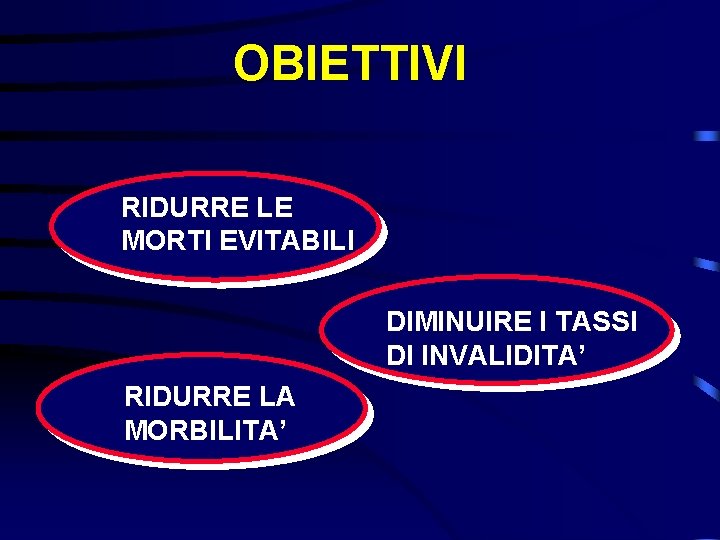 OBIETTIVI RIDURRE LE MORTI EVITABILI DIMINUIRE I TASSI DI INVALIDITA’ RIDURRE LA MORBILITA’ 