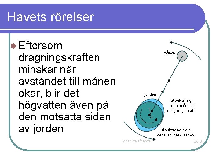 Havets rörelser l Eftersom dragningskraften minskar när avståndet till månen ökar, blir det högvatten