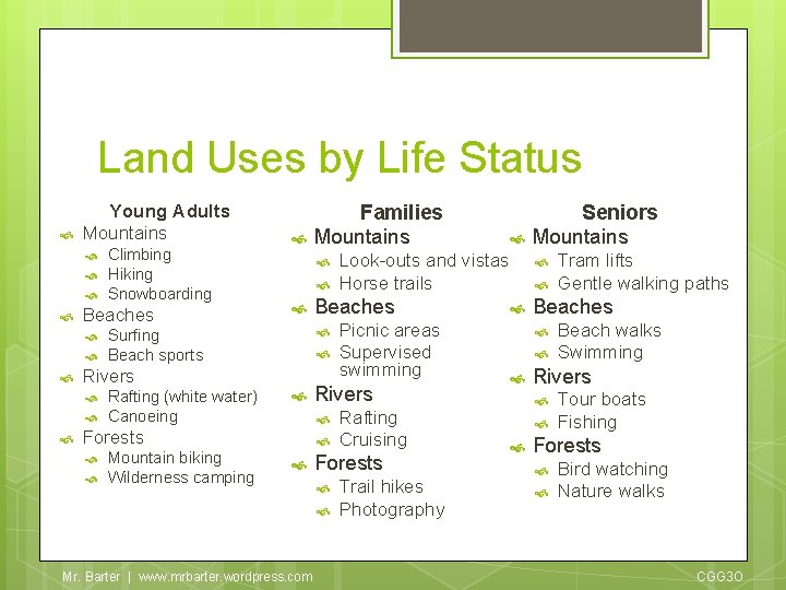 Land Uses by Life Status Young Adults Mountains Beaches Rafting (white water) Canoeing Forests