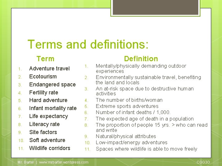 Terms and definitions: Term 1. 2. 3. 4. 5. 6. 7. 8. 9. 10.
